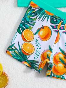 Ensemble de maillot de bain d'été pour bébé garçon avec imprimé orange et blocs de couleur - Vert - Voir 4