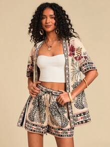 Travachic 2pcs Vacation Casual Tropical Print Shirt & Shorts Set,Two Pieces Set Women,Vacation Outfits Women,Boho,Summer,Summer Outfits For Women,Beach Outfits For Woman,Short Sets For Women - Apricot - View 4