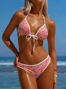 Swim Vcay Ladies' Spring/Summer Beach Sexy Flower Print Random Neck Hanging High Cut Pants Bikini Set - Multicolor - View 1