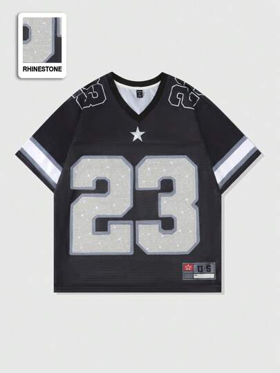 Prep Camiseta de manga corta con camiseta de punto de malla y aplicaciones de piedras rhinestone para hombre