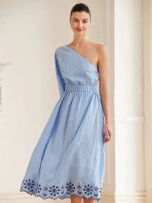 Chiquease Shoulder Cut Out Embroidery Short Sleeve Dress For Women Elegant FashionableOld Money Style For Summer - Blue - View 1