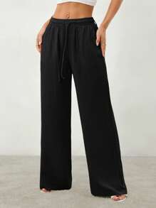 SHEIN PETITE Women's Tie-Front Trousers With Pockets Festival - Black - View 3