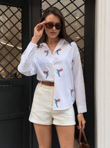 Cottnline Cotton Bird Embroidery Roll Up Sleeve Shirt - White - View 4