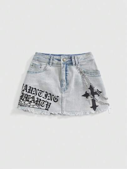 Grunge Punk Women's Spring Break Concert Rave Festival Holiday Sexy Y2K Goth Slogan Cobweb & Cross Print Low Waist Mini Denim Skirt