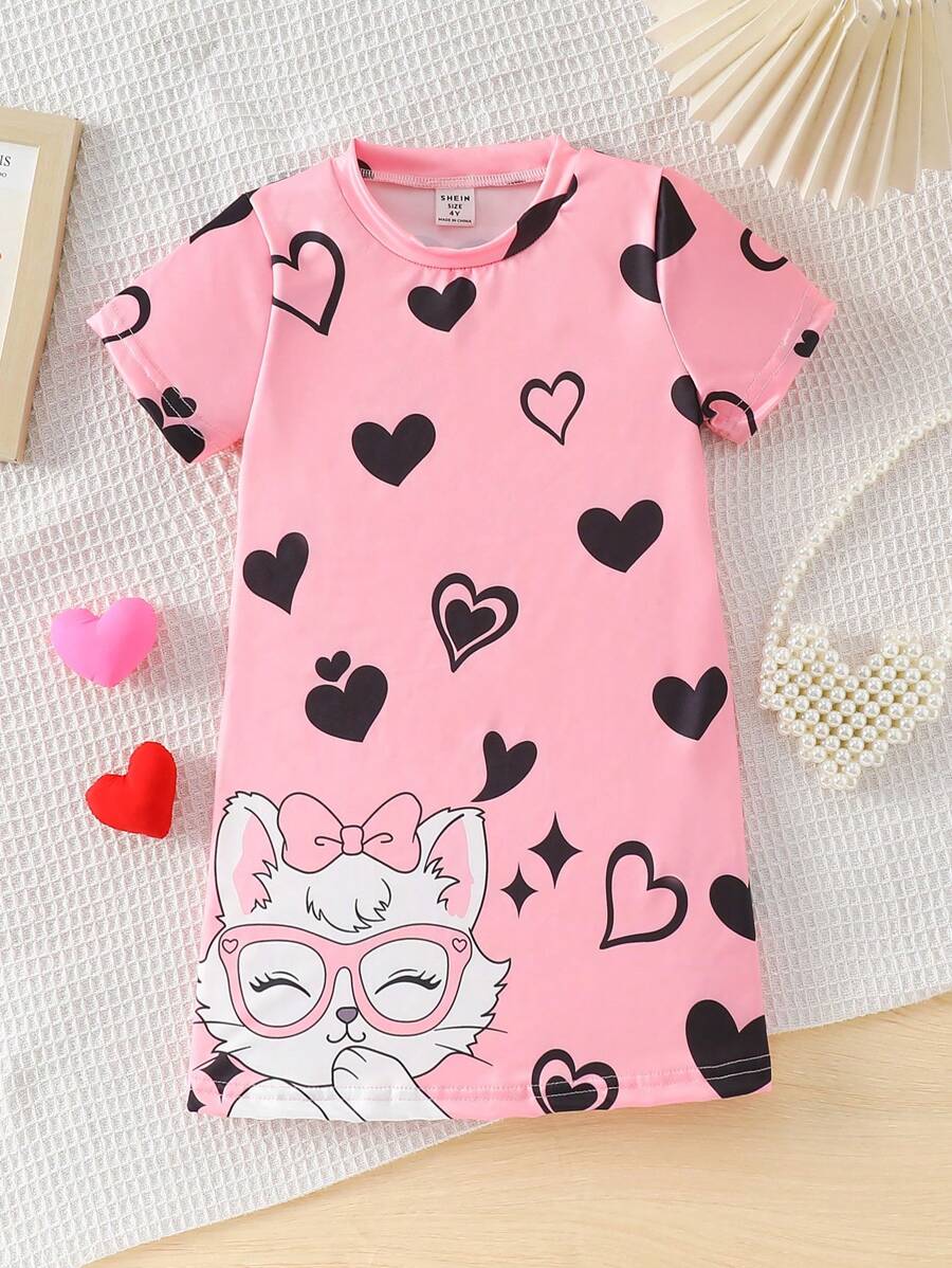 Valentine's Day Young Girl Girls Cute Sweetheart Cat Pattern Round Neck Short Sleeve Long Nightgown Homewear - Multicolor - View 1