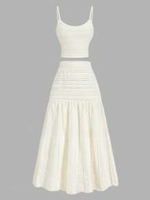 SHEIN 2件套青少年女孩休闲吊带背心和纹理短裙套装