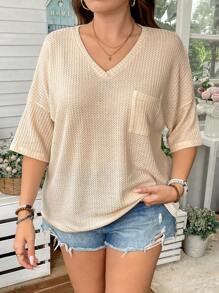 SHEIN LUNE Plus Size Casual Soft Textured Waffle Loose Fit Short Sleeve T-Shirt Old Money Style Women Brunch Outfits For Women Airport Outfit Cowgirl Summer Outfits For Women Graduation Spring Women Summer Clothes Graduation Easter Outfit Women Spring Summer Clothes Vacation Bohemia Easter Outfit Women