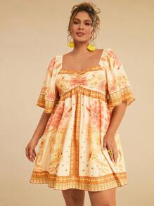 Travachic Vestido Curto Casual Feminino Plus Size de Verão Amarelo com Estampa Floral e Manga Bufante