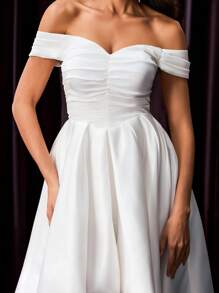 Glamrae Elegant And Gorgeous White Luxurious Satin Off The Shoulder Gathered Short Front And Long Back Design Tail Dress Suitable For Wedding Festival Bridal Dress Formal Occasion Wedding Dress, Bride - White - View 6