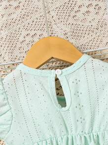 Elladie kids Đầm ngắn phong cách nghỉ mát màu xanh lá cây trơn cho bé gái/trẻ mới biết đi có tay áo nhún bèo và cổ tròn nhỏ cho mùa hè - màu xanh lá - Xem 5