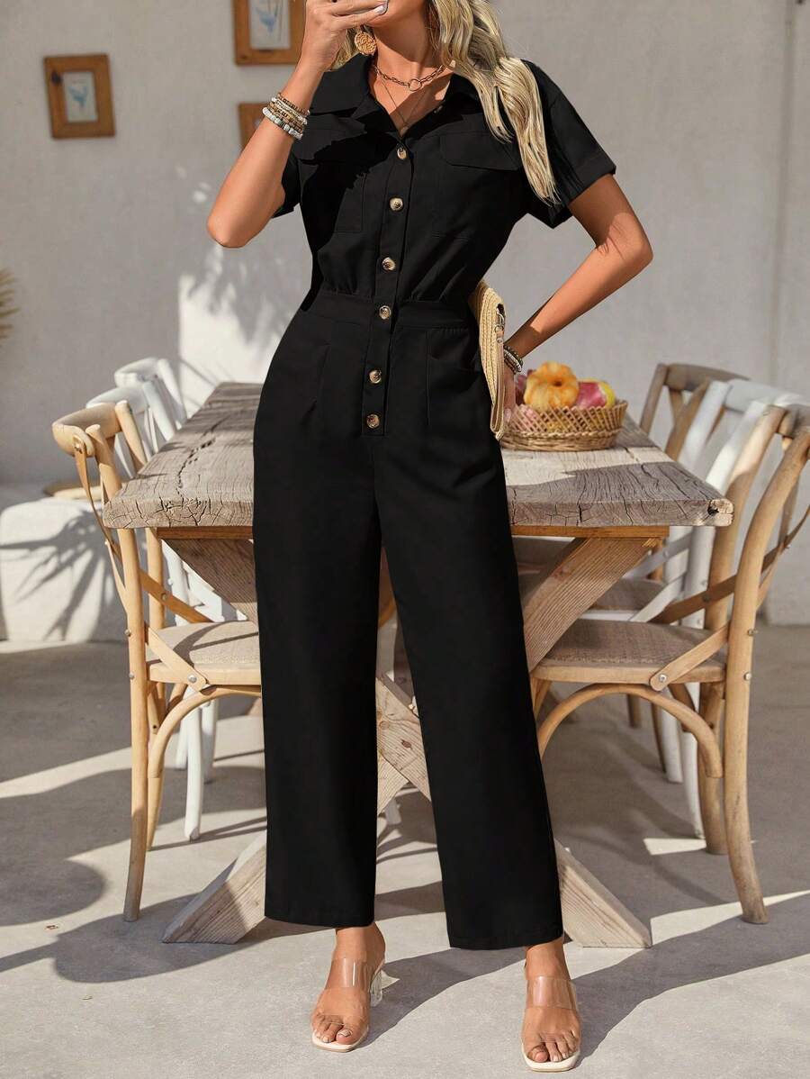 SHEIN Clasi 女士纯色短袖单排扣休闲连体裤 - 黑色 - 查看 1