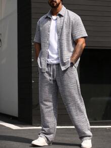 Manfinity CasualCool Plus Size Men's Summer Casual Button-Front Short Sleeve Shirt And Pants Set