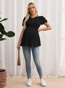 SHEIN Maternity Casual Knitted Fabric T-Shirt With Scalloped Short Sleeves And A Round Neckline In Black - Black - View 3