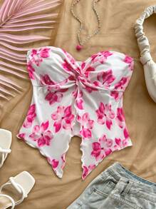 Soleia 新款扭纹下摆不对称露背沙滩音乐节夏季上衣，波西米亚风格，粉色印花针织女上衣 - 淺粉色 - 查看 4