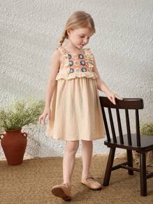 Blossori Young Girls Elegant French Style Apricot Floral Lace Trimmed Ruffle Hem Sleeveless Dress, Spring/Summer - Multicolor - View 7