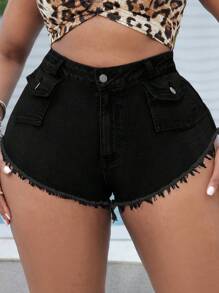 SHEIN SXY Shorts in jeans a vita bassa di moda, sexy, con frange, per taglie comode per donne