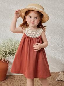 Blossori 女婴圆领无袖砖红色连衣裙，春夏 - 棕色 - 查看 1