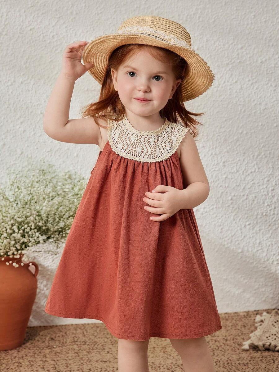 Blossori 女婴圆领无袖砖红色连衣裙，春夏 - 棕色 - 查看 1