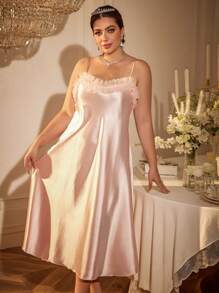 SHEIN 大码女式性感 3D 花卉边缎面无袖睡袍 - 粉色 - 查看 6