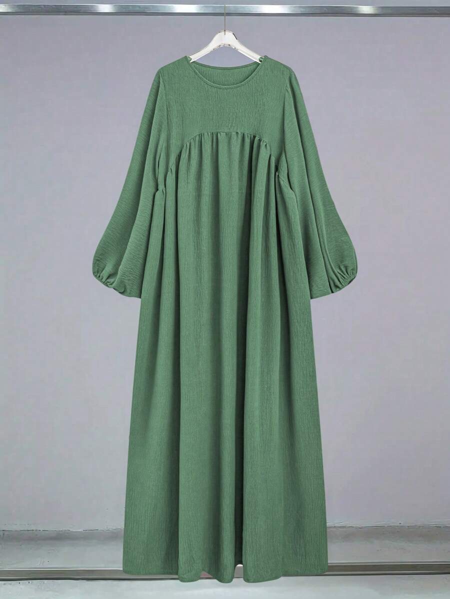 Al Najma 女士纯色圆领灯笼袖阿拉伯风格长裙，端庄 - 綠色 - 查看 1