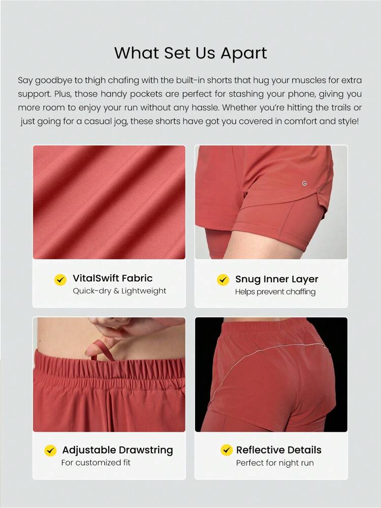 5.5" VitalSwift Quick-Dry Finish Line 2-In-1 Adjustable Drawstring Waist Reflective Running Shorts With Built-In Shorts Side Pockets Non-Slip Grips Medium Impact Running Jogging Training Gym Workout