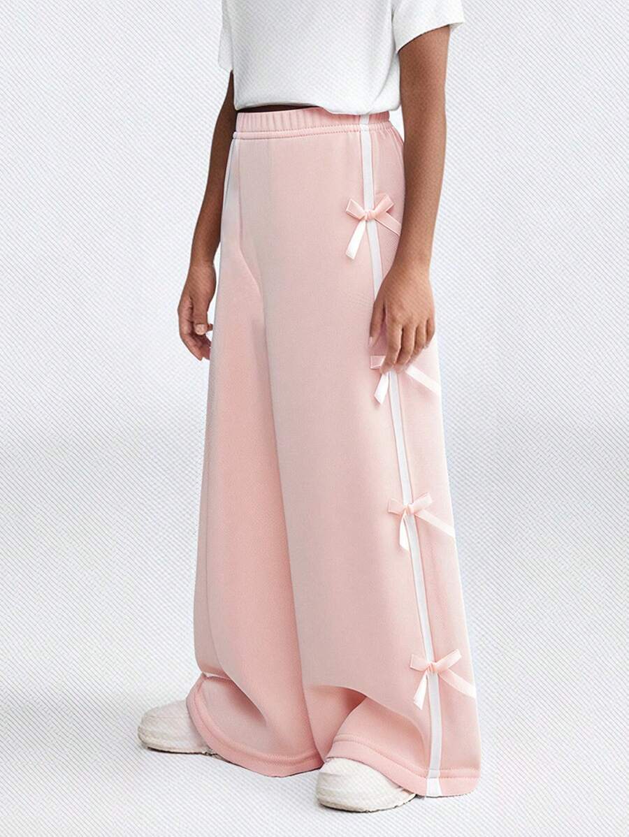 SHEIN Young Girls' Casual Sports Loose Solid Color Bowknot Decor Simple Versatile Wide Leg Pants For Spring & Autumn - Pink - View 1