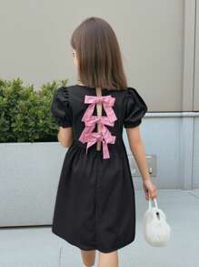 Vestido con mangas abullonadas, acampanado, de color negro y rosa con contraste, recorte calado y decoración de lazo para niña preadolescente Nova Glow, de moda y versátil para salidas, hogar, escuela, primavera/verano