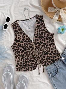 Soleia Casual Vacation Style Sexy Leopard Print Lace-Up Women Top, Suitable For Summer And Beach,Rave Top - Multicolor - View 4