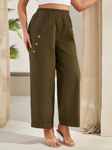 RueChic Women Plus Size Solid Color Elastic Waist Button Design Casual Pants - Khaki - View 5