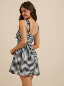 L'Amorae Women's Casual Plaid Tie-Front Dress, Summer - Black - View 2