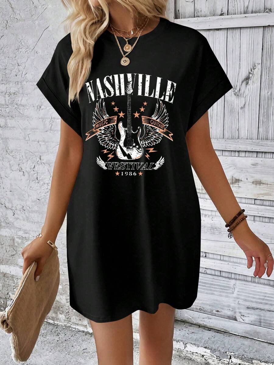 SHEIN LUNE Casual Loose Rock Music Festival Women's Round Neck Short Sleeve Dress, Suitable For Summer Chic Dress
