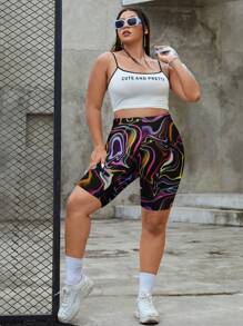 SHEIN EZwear Plus Size Laser Wavy All-Over Print Leggings, Suitable For Spring/Summer Suitable For Going Out - Multicolor - View 4