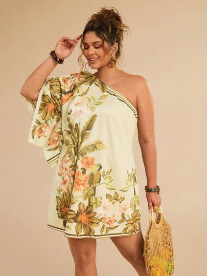 Travachic 大码女式休闲花卉印花不对称领口迷你连衣裙，适合夏季度假