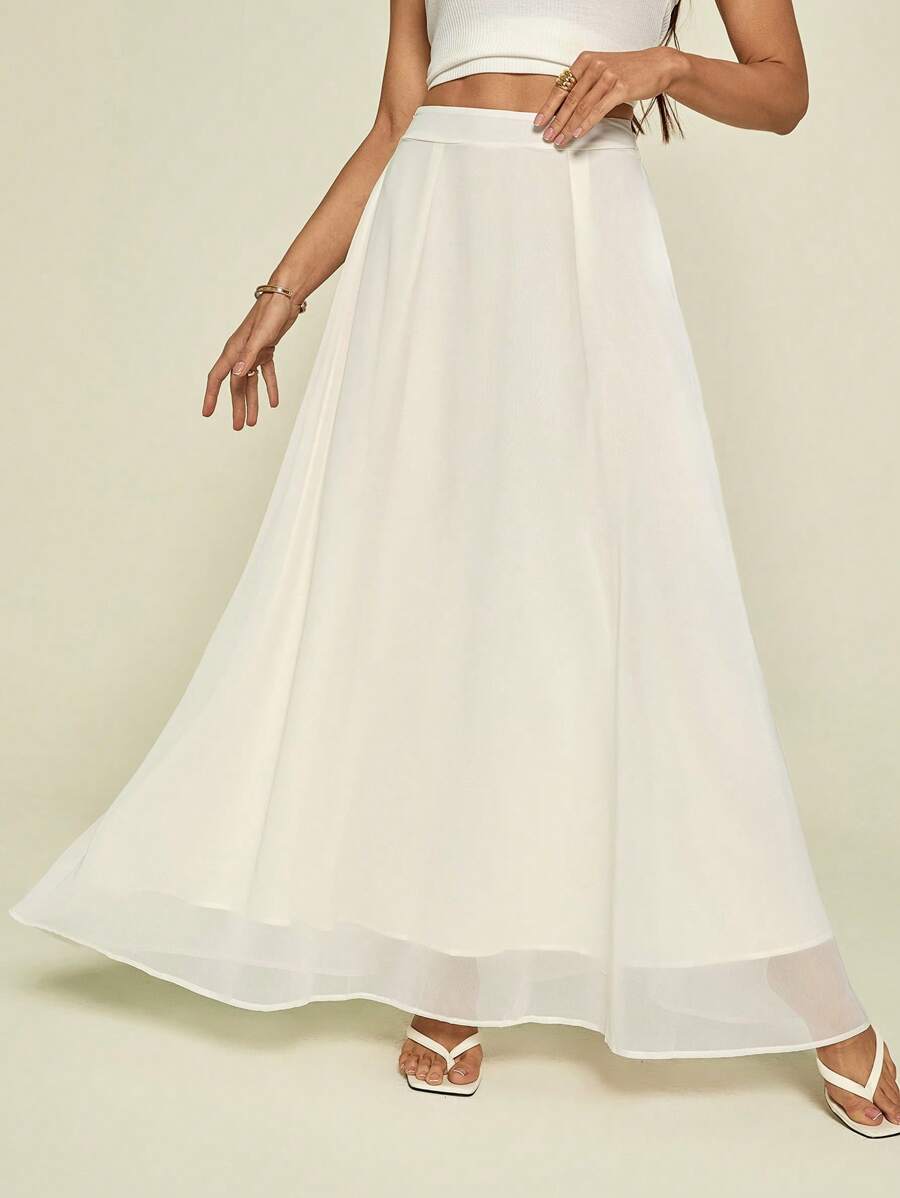 SHEIN Tall 夏季纯色高腰 A 字飘逸半身裙 - 米色 - 查看 1