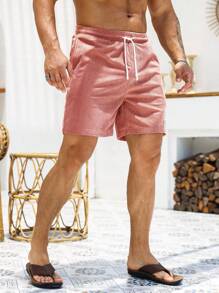 Manfinity Homme Loose Fit Men's Letter Patched Detail Drawstring Waist Shorts, Corduroy, Fall/Winter - Dusty Pink - View 5