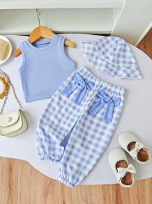 Set de 3 piezas para bebé niña: Top sin mangas a cuadros casual, pantalones y sombrero de cubo, primavera/verano - Azul - Ver 1