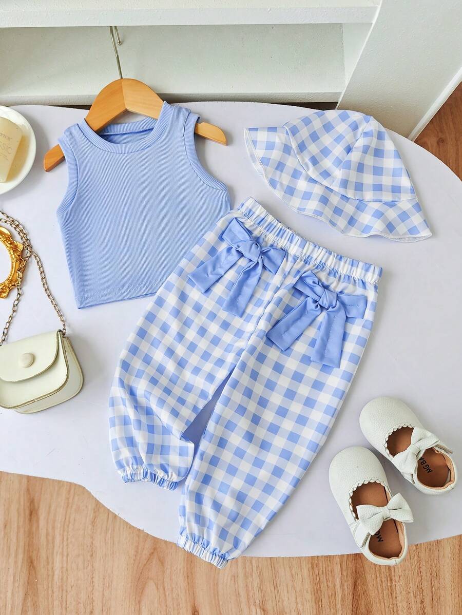 Set de 3 piezas para bebé niña: Top sin mangas a cuadros casual, pantalones y sombrero de cubo, primavera/verano - Azul - Ver 1