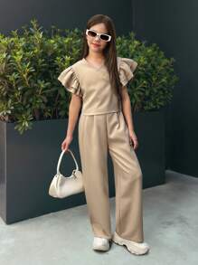 SHEIN Leap Crew Nova Glow 2 件套青少年女孩休闲通勤夸张袖 V 领背心和直筒裤套装 - 卡其色 - 查看 4