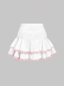 SHEIN MOD Women's Denim Mini Skirt, Casual Contrast Lace White Summer Graduation Skirts,Cowgirl,Birthday Skirts For Women,Going Out Skirts,Sun Skirts,Going Out Skirts Women,Country Concert,Raves Festival,Festival,Brunch,Women Summer,Old Money Style Women,Cruise,Airport,Tea Party Skirts,Old Money Style - White - View 2