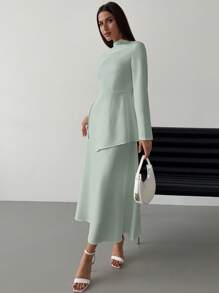 Firerie Bộ váy chữ A cạp cao thanh lịch tối giản thanh lịch tinh tế lãng mạn cho ngày đi làm của phụ nữ - Màu xanh Bạc hà - Xem 3