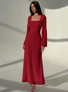 Aloruh Square Neck 3D Floral Bell Sleeve Long Fish Tail Romantic Date Dress For Women - Burgundy - View 3