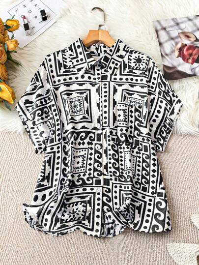 SHEIN LUNE Plus Size Batwing Sleeve Allover Print Casual Vacation Shirt