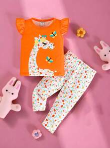 SHEIN 2pcs Baby Girls Cute Giraffe & Ditsy Floral Sleeveless Top With Pants Set, Summer