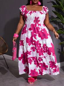 SHEIN CURVE+ Vestido holgado con estampado floral, volantes en el bajo y cinturón para vacaciones y ocio en tallas grandes, estilo bohemio