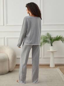 EURMUSE 2pcs Cotton Contrast Colour Piping With Slit Detail Homewear Set - Light Grey - View 2