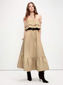 SHEIN LUNE Váy ống dài thường ngày viền bèo nhún cho nữ - Màu Khaki - Xem 3