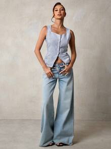 Glamine 条纹、正面纽扣、吊带 V 领、正面开衩、无袖时尚性感衬衫