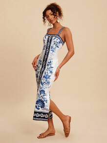 Travachic 女士优雅蓝白花卉印花无袖连衣裙，夏季 - 藍白色 - 查看 3