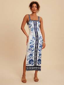 Travachic 女士优雅蓝白花卉印花无袖连衣裙，夏季 - 藍白色 - 查看 5