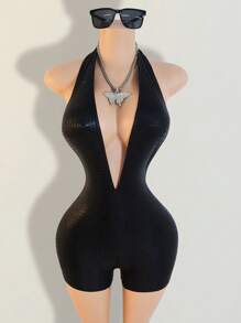 Mono de verano sin mangas ajustado y versátil con estampado de leopardo y escote en la espalda en V profunda para mujer - Negro - Ver 1